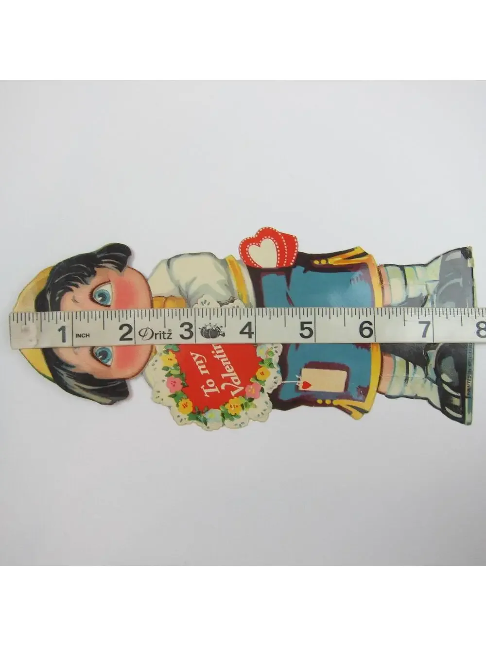 Vintage Valentine Card Mechanical Boy Blue Google Eyes Move Holds Flower Bouquet